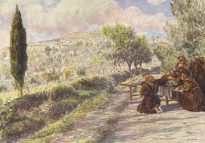 St. Franciscus zegent de stad Assisi (kleur litho)