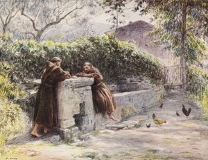 De Maaltijd van St. Franciscus en broeder Masseo bij de Fontein, St. Franciscus prijst Armoede door Eugene (after) Burnand