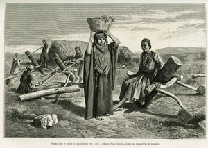 Arabische vrouw en zaagwerkers van lange tien foulis. Gravure door Eugene Girardet, ter illustratie van het verhaal 