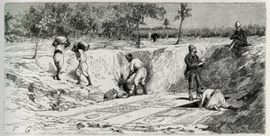 Opgravingen op de christelijke begraafplaats van Lamta, met beide missieopdrachten. Gravure door Eug. Girardet, ter illustratie van het verhaal "De reis naar Tunesië", door Rene Cagnat door Eugene Alexis Girardet