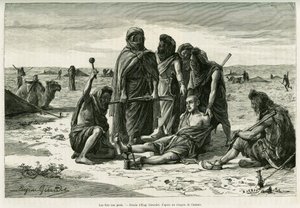 De ijzers aan de voeten. Gravure door Eugene Girardet, ter illustratie van het verhaal Vijf maanden bij de nomadische mooren van de Westelijke Sahara, in 1887, door Camille Douls, in le tour du monde 1888, onder leiding van Edouard Charton (1807-1890), Hac door Eugene Alexis Girardet