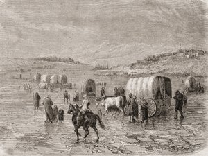 Een wagenkaravaan op weg naar het westen in de jaren 1860, gegraveerd door Stephane Pannemaker (1847-1930)