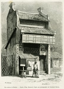 Een apenhuis. Gravure door Eugene Burnand, ter illustratie van het verhaal Sur les frontières du Tonkin, door dokter P.Neiss, in le tour du monde 1888, onder leiding van Edouard Charton (1807-1890), Hachette, Parijs. door Eugene Burnand