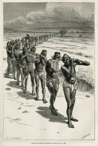 Kolonne dragers door de rijstvelden, tussen Bassac en Hue, geëtst naar een tekening van Eugene Burnand, ter illustratie van het verhaal over Laos en de wilde bevolkingen van Indochina, door Dr. Harmand, in 1877, gepubliceerd in de tour du monde, onder de d