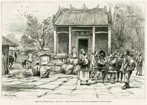 Conferentie Pagode, Monkay. Gravure door Eugene Burnand, ter illustratie van het verhaal Sur les frontières du Tonkin, door dokter P. Neiss, in le tour du monde 1888, geregisseerd door Edouard Charton, Hachette, Parijs. door Eugene Burnand