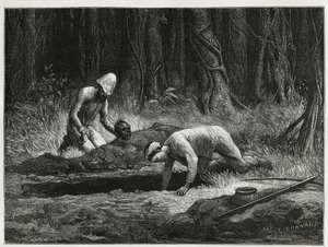 Dr. Harmand en zijn Annamitische helper, die clandestiene opgravingen van Khas-begrafenissen uitvoeren in Attopeu (Laos), gravure door Eugene Burnand, ter illustratie van het verhaal over Laos en de wilde bevolkingen van Indochina door Dr. Harmand, in 1877