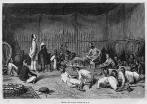 Dr. Harmand bij de receptie bij de Prins van Oubon (Laos), beschrijving van het interieur van de prinselijke zaak en zijn binnenplaats, gravure door Eugene Burnand, ter illustratie van het verhaal van Laos en de wilde bevolkingen van Indochina door Dr. Har door Eugene Burnand