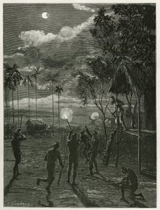 Dr. Harmand wordt midden in de nacht gewekt door het geluid van de geweren van de inheemse Khas, die op de maan schieten tijdens een zonsverduistering, in Attopeu (Laos), gravure door Eugene Burnand, ter illustratie van het verhaal van Laos en de wilde bev door Eugene Burnand