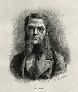 Portret van Dr. Harmand, gravure door Eugene Burnand, ter illustratie van het verhaal van Laos en de wilde bevolkingen van Indochina door Dr. Harmand, in 1877, gepubliceerd in de tour du monde, onder leiding van Edouard Charton