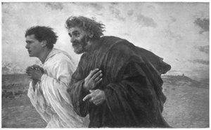 De discipelen Petrus en Johannes rennen naar het graf op de ochtend van de opstanding
