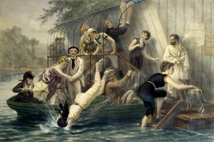 Ah! Het mooie hoofd, een zondag bij het water. Vrouw duikt in een badpak in het water in de 19e eeuw onder het gelach van amuse matrozen. Een vrouw in een boot beschermt zichzelf tegen krassen met haar paraplu. Gravure door Eugene Guerard (1821-1866). Pr