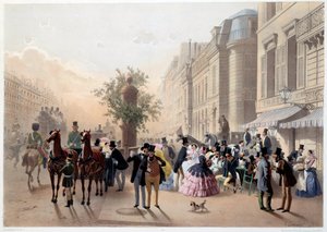 Boulevard des Italians, Café Tortoni in Parijs in de 19e eeuw. Gravure door Eugene Guerard
