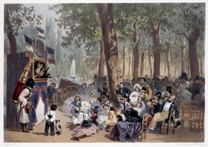 De show van de guignols op de Champs Elysees in Parijs in de 19e eeuw door Eugene Charles Francois Guerard
