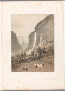 Picknick met zicht op de Staubbachwaterval door Eugene Ciceri