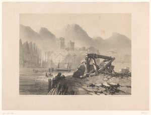 Stadsgezicht met haven en bergen door Eugene Ciceri