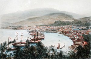 Uitzicht op Saint-Pierre gezien vanaf de kanonbatterij bij Sainte-Marthe, Martinique