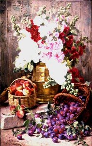 Stilleven met bloemen in een koperen urn en fruit in manden door Eugene Claude