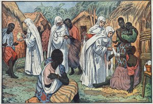 Over de inhuldiging, in het Lateraans Paleis in Rome, van de musea van de Witte Zusters in een dorp in Equatoriaal Afrika waar zij catechismus geven en voor de zieken zorgen. Illustratie van Damblans. In 
