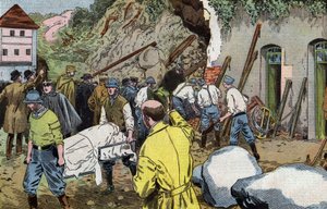 Lichaam van Amerikaanse generaal Dunlop dood omdat hij mevrouw Briant redde onder instorting van bijgebouwen van kasteel Fariniere (Frankrijk) tekening door Damblans uit Frans papier "Le Pelerin" 7 juni door Eugene Damblans