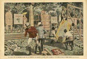 Illustratie door Eugene Damblans (1865-1945) in Le Pelerin, 03/09/05 - De Japanners maken een gigantische claim voor de producten van hun industrie langs spoorlijnen met posters van verschillende vormen - Reclame, Japan, Spoorweg Trein, Posters door Eugene Damblans