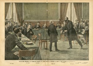 Illustratie van Eugene Damblans (1865-1945) in Le Pelerin, 03/07/04 - In een ontroerende scène, bij de onderzoekscommissie, smeekte M. Lagrave de voorzitter van de raad om de waarheid te vertellen - Religie, Onderzoekscommissie, Katholicisme door Eugene Damblans