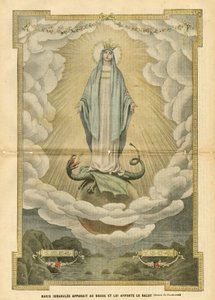 Illustratie van Eugene Damblans (1865-1945) in Le Pelerin, 04/12/04 - Maria immaculata verschijnt aan de wereld en brengt verlossing - Religie Geloof, Katholiek Katholicisme - Onbevlekte ontvangenis - Maria, Draak - Wolken - Aarde door Eugene Damblans