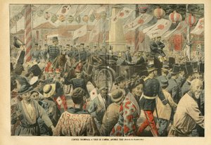 Illustratie van Eugene Damblans (1865-1945) in Le Pelerin, 05/11/05 - De triomfantelijke intocht in Tokio van de Japanse admiraal Togo - Leger, Japan, Menigte, Tokio - Admiraal Admiralen, Togo Heihachiro (1848-1934), Burgers door Eugene Damblans
