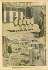 Illustratie van Eugene Damblans (1865-1945) in Le Pelerin, 07/05/05 - Enkele scènes uit het leven van de bagne - Gevangenissen, Bagnes, Werken - Gevangenen, Gevangenisbewakers