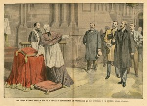 Illustratie van Eugene Damblans (1865-1945) in Le Pelerin, 09/12/06 - Mgr de bisschop van Nantes stopt bij de drempel van de kapel van het sacrament. Ambtenaren die een inventaris maken van zijn kathedraal. - Religie Geloof, Interne Architectuur, Kerken Ka door Eugene Damblans