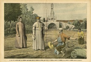 Illustratie van Eugene Damblans (1865-1945) in Le Pelerin, 20/08/05 - De Heilige Vader maakt zijn dagelijkse wandeling in de tuinen van het Vaticaan, niet ver van de kapel die is opgericht ter ere van de Maagd van Lourdes - Religie Geloof, Landbouw, Vatica