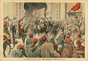 Illustratie van Eugene Damblans (1865-1945) in Le Pelerin, 20/10/07 - Plechtige entree in het Palais de Rabat door Mr. Regnault, Minister van Frankrijk in Marokko - Kolonisatie Kolonialisme Kolonies, Architectuur Stedelijke Planning, Marokko, Officieel Bez door Eugene Damblans