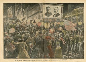 Illustratie van Eugene Damblans (1865-1945) in Le Pelerin, 20/11/04 - In New York juicht de menigte de herkozen president van de Verenigde Staten en de vice-president toe, wiens transparant de kenmerken weergeeft - Amerika, Verkiezingen, Architectuur door Eugene Damblans