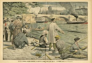 Illustratie van Eugene Damblans (1865-1945) in Le Pelerin, 23/06/05 - In de zomer overspoelen veel Parijzenaars de oevers van de Seine en gooien hun lijn uit en... vangen niets