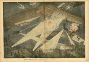 Illustratie van Eugene Damblans (1865-1945) in Le Pelerin, 24/11/07 - Een episode van toekomstige oorlogen - Hoe zullen de gevechten zijn in de tijd van de luchtschepen - Oorlog, Ballonnen luchtschepen zeppelins aerostation, Nachtelijk, Gevechten