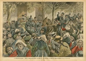 Illustratie van Eugene Damblans (1865-1945) in Le Pelerin, 27/10/07 - Vervolging gaat door in Finistère, de pastoors van hun pastorie worden verdreven te midden van algemene emotie - Religie, Bretagne, Menigte, Katholicisme, Finistère