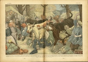 Illustratie van Eugene Damblans (1865-1945) in Le Pelerin, 28/03/37 - De grote jaarlijkse kermis van Lezay nabij Niort - Diverse feiten, Economie, Menigte, Winkels, Landbouw, Groenten - Koe, Rund, Camelot reizende verkoper door Eugene Damblans