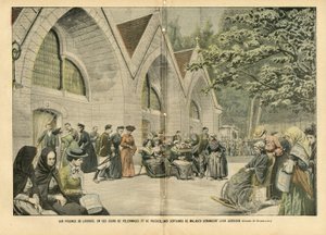 Illustratie van Eugene Damblans (1865-1945) in Le Pelerin, 28/08/04 - Bij de baden van Lourdes, in deze dagen van pelgrimages en gebeden, vragen honderden patiënten om hun oorlog - Medisch, Religie Geloof, Architectuur Stedelijke Planning, Katholiek Kathol door Eugene Damblans