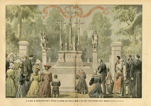 Illustratie van Eugene Damblans (1865-1945) in Le Pelerin, 29/05/04 - Het kruisbeeld van protest opgericht in Treguier als reactie op de feesten van Renan en dat zojuist plechtig is ingewijd
