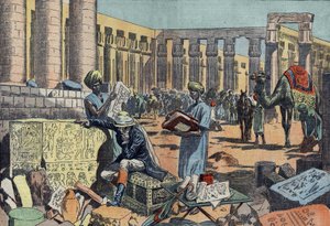 Jean Francois Champollion (1790-1832), een Franse egyptoloog, bestudeert een inscriptie tussen de zuilengalerijen van Thebe. Gravure uit 1923. Tekening van Damblans.