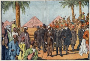 Koning Amanoellah van Afghanistan (1892-1960) bezoekt de piramides van Egypte, vergezeld door een escorte van Meharisten. Caïro, Egypte. Illustratie van Damblans. In 