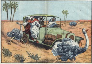 Moderne jacht: In de Arabische woestijn rijden rijke Bedoeïenen jonge Oostenrijkers om ze levend te vangen. Illustratie van Damblans. In 