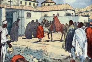Monseigneur Lepicier van de Orde van de Servieten van Maria, aartsbisschop van Tarsus, werd ontvangen in het Koptische klooster van Debre-Bizen tijdens een apostolisch bezoek aan Abessinië (Ethiopië). Illustratie van Damblans. In 