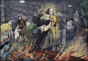 Zuster Marie Gabrielle (Marie-Gabrielle) redt een kind tijdens de brand van het weeshuis van Bernards Ville (Bernards-Ville), in de Verenigde Staten. Illustratie van Damblans in 