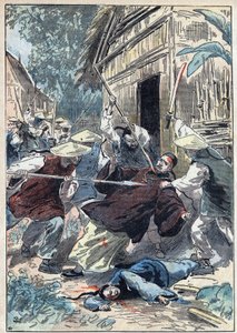 De Franse priester Berthollet (1865-1898), priester van de Buitenlandse Missies, werd vermoord door Chinese nationale gardes nabij de stad Yun Ngan Cheou op 21 april 1898. Illustratie van Damblans in 