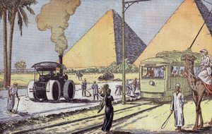 Uitzicht op de piramides van Gizeh in Egypte, illustratie uit "Le Pelerin" door Eugene Damblans