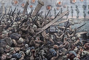 Oorlog 1914-1918. Front van België 1914. Duitse soldaten aan de IJzer. Tekening door Damblans. door Eugene Damblans