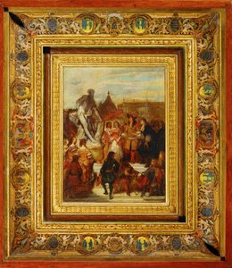 In de tuinen van Versailles presenteert Puget zijn standbeeld van Milon van Croton aan koning Lodewijk XIV ... door Eugene Deveria