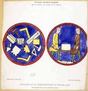 Geschiedenis van de bouw in de Middeleeuwen: Facsimile van 13e-eeuwse glas-in-loodramen, in de Kathedraal van Chartres - Getekend door Eugene Viollet-le-Duc (Viollet le Duc) (1814-1879) en met verschillende maçonnieke symbolen door Eugene Emmanuel (after) Viollet le Duc