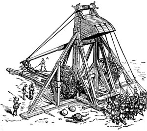 Reconstructie van een enorme katapult, genaamd mangonneau