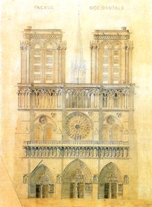 Project voor restauratie van de westgevel van de Notre Dame kathedraal in Parijs met reconstructie van de spits bij de kruising, 1843